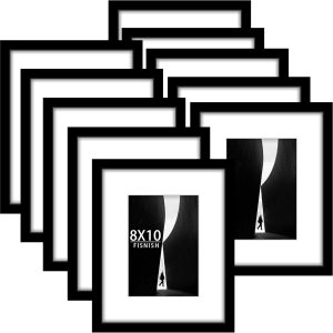 8×10 Picture Frame Sef of 10, Display Pictures 5×7 with Mat or 8 x 10 Without Mat, Photo Frame Collage for Wall Gallery Decor, Hanging or Tabletop Display, Black