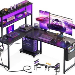 AODK L Shaped Desk Gaming Desk with LED Light & Power Outlet, 53 Inch Reversible L Shaped Computer Table with Shelf & Storage Bag & Hook for Home Office, Black