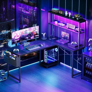 AODK L Shaped Desk Gaming Desk with LED Light & Power Outlet, 53 Inch Reversible L Shaped Computer Table with Shelf & Storage Bag & Hook for Home Office, Black