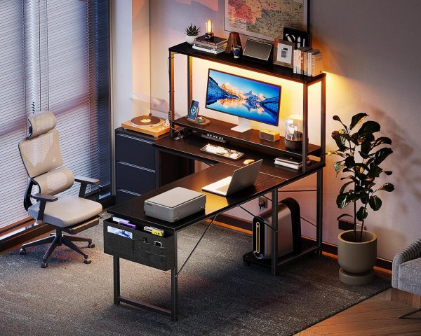 AODK L Shaped Desk Gaming Desk with LED Light & Power Outlet, 53 Inch Reversible L Shaped Computer Table with Shelf & Storage Bag & Hook for Home Office, Black - Image 7