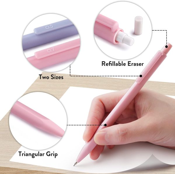 Four Candies Cute Mechanical Pencil Set, 6PCS Pastel Mechanical Pencils 0.5 & 0.7mm with 360PCS HB Pencil Leads, 3PCS Erasers and 9PCS Eraser Refills, Aesthetic Mechanical Pencils for Girls Writing - Image 5