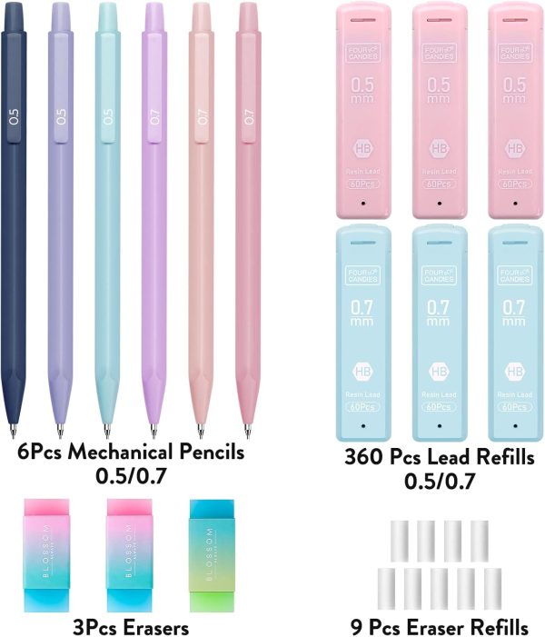 Four Candies Cute Mechanical Pencil Set, 6PCS Pastel Mechanical Pencils 0.5 & 0.7mm with 360PCS HB Pencil Leads, 3PCS Erasers and 9PCS Eraser Refills, Aesthetic Mechanical Pencils for Girls Writing - Image 6
