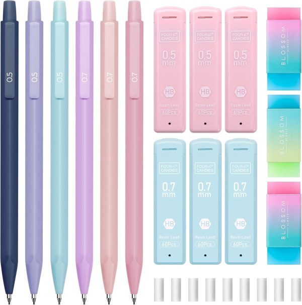 Four Candies Cute Mechanical Pencil Set, 6PCS Pastel Mechanical Pencils 0.5 & 0.7mm with 360PCS HB Pencil Leads, 3PCS Erasers and 9PCS Eraser Refills, Aesthetic Mechanical Pencils for Girls Writing - Image 9