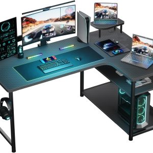 GTRACING L Shaped Gaming Desk, Carbon Fiber Style Computer Desk Compatible with Monitor Arm Storage Shelves Corner Desk Gaming Table for Home Office Desks Easy to Assemble Adjustable Shelf Height