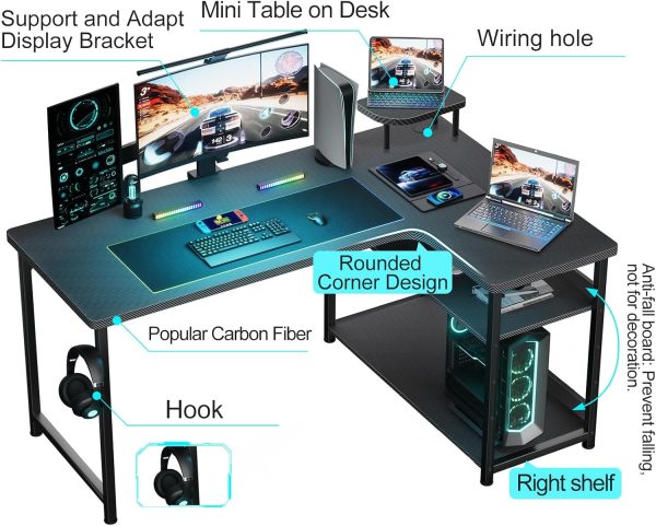 GTRACING L Shaped Gaming Desk, Carbon Fiber Style Computer Desk Compatible with Monitor Arm Storage Shelves Corner Desk Gaming Table for Home Office Desks Easy to Assemble Adjustable Shelf Height - Image 3