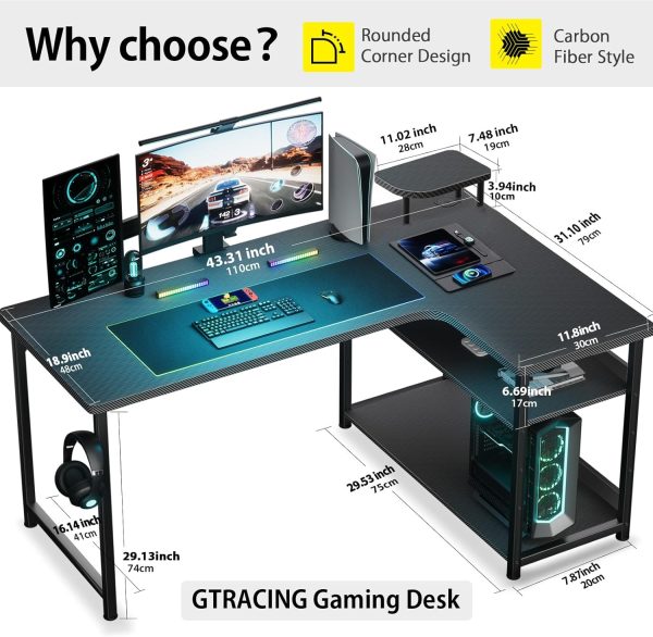 GTRACING L Shaped Gaming Desk, Carbon Fiber Style Computer Desk Compatible with Monitor Arm Storage Shelves Corner Desk Gaming Table for Home Office Desks Easy to Assemble Adjustable Shelf Height - Image 5