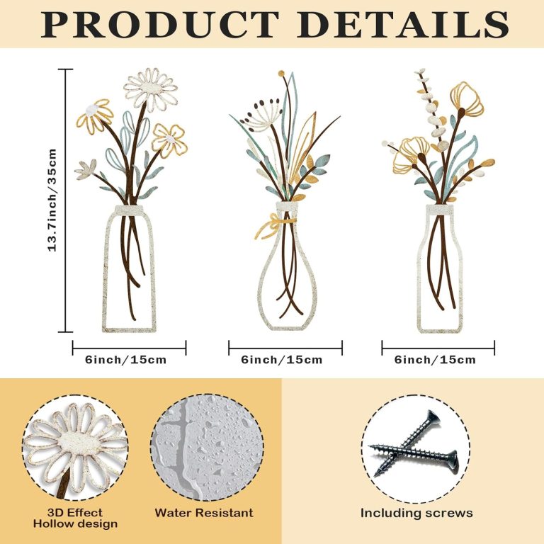 3 Pieces Metal Flowers Wall Arts – Rustic Farmhouse Decor Beige Minimalist Flower Wall Decors for Living room Bathroom Bedroom Dining Room-Housewarming Gifts (Beige, Vase-C)