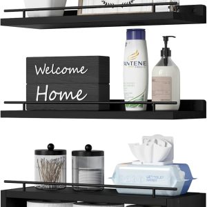 WOPITUES Floating Shelves with Cube Shelf, Wall Shelves with Metal Rail for Bathroom Decor, Over Toilet Bathroom Organizers and Storage, Toilet Paper-Black
