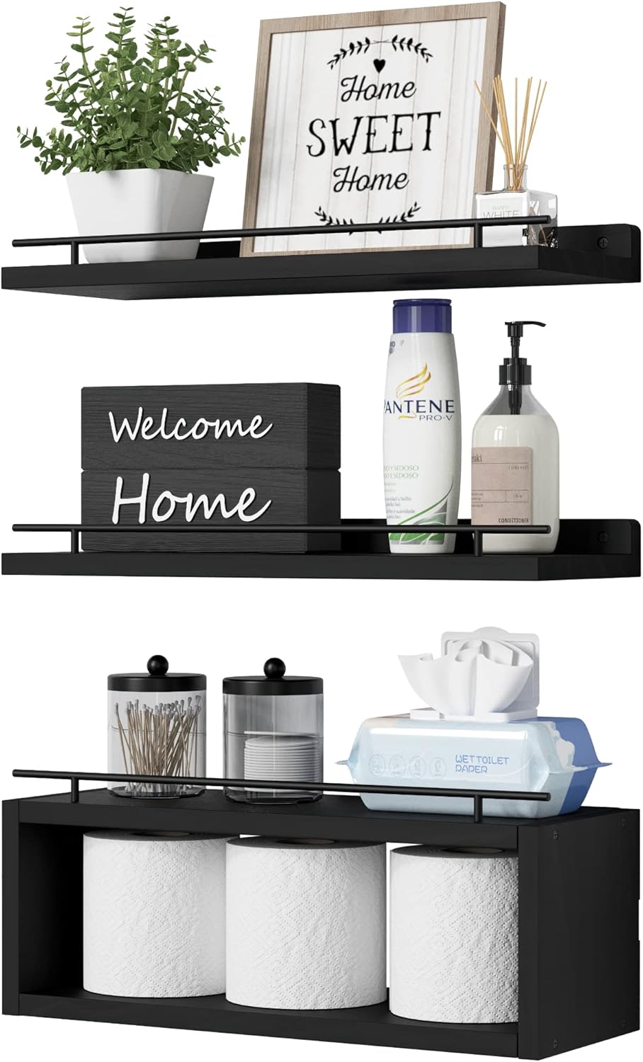 WOPITUES Floating Shelves with Cube Shelf, Wall Shelves with Metal Rail for Bathroom Decor, Over Toilet Bathroom Organizers and Storage, Toilet Paper-Black