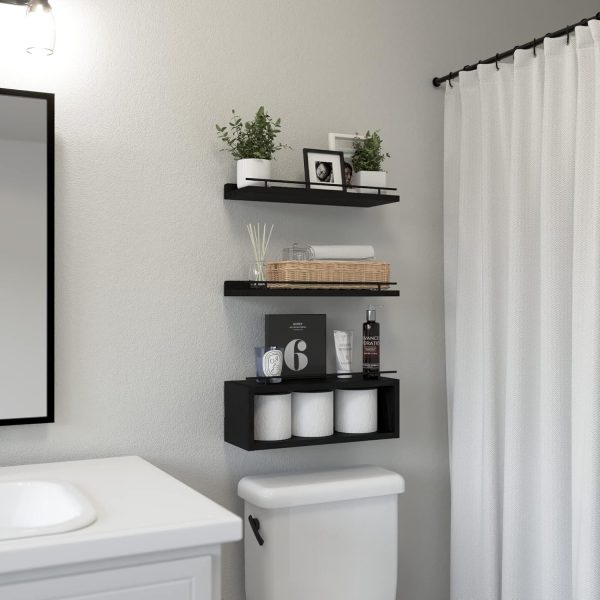 WOPITUES Floating Shelves with Cube Shelf, Wall Shelves with Metal Rail for Bathroom Decor, Over Toilet Bathroom Organizers and Storage, Toilet Paper-Black - Image 2