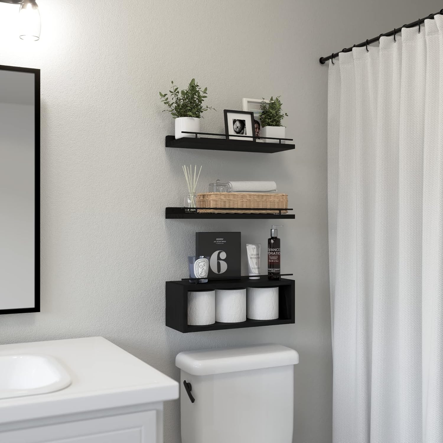 WOPITUES Floating Shelves with Cube Shelf, Wall Shelves with Metal Rail for Bathroom Decor, Over Toilet Bathroom Organizers and Storage, Toilet Paper-Black