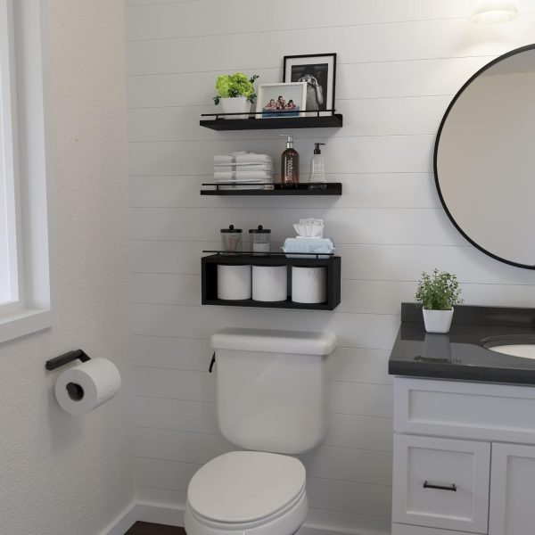 WOPITUES Floating Shelves with Cube Shelf, Wall Shelves with Metal Rail for Bathroom Decor, Over Toilet Bathroom Organizers and Storage, Toilet Paper-Black - Image 4