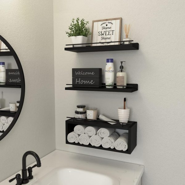 WOPITUES Floating Shelves with Cube Shelf, Wall Shelves with Metal Rail for Bathroom Decor, Over Toilet Bathroom Organizers and Storage, Toilet Paper-Black - Image 6