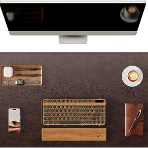 YSAGi Genuine Leather Desk Mat, 31.5″x15.8″ Office Desk Pad, Thick Premium Table Pad with Stitched Line, Non-Slip Laptop Writing Pad with Rubber Base (Dark Brown, 31.5″x15.8″)