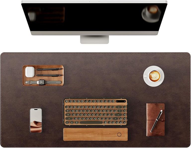 YSAGi Genuine Leather Desk Mat, 31.5″x15.8″ Office Desk Pad, Thick Premium Table Pad with Stitched Line, Non-Slip Laptop Writing Pad with Rubber Base (Dark Brown, 31.5″x15.8″)