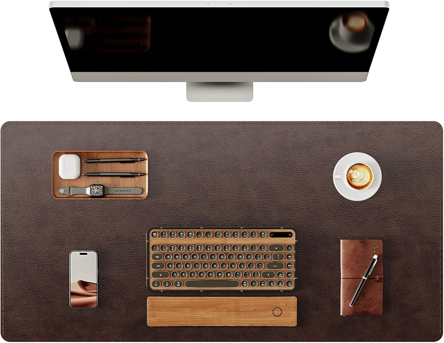 YSAGi Genuine Leather Desk Mat, 31.5″x15.8″ Office Desk Pad, Thick Premium Table Pad with Stitched Line, Non-Slip Laptop Writing Pad with Rubber Base (Dark Brown, 31.5″x15.8″)